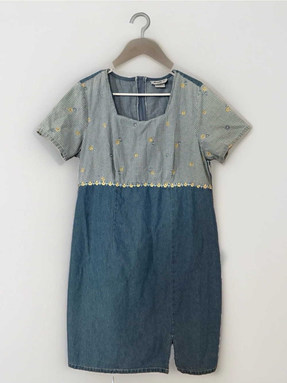 Vintage 90s Gingham Daisy Babydoll Blue Denim Mini Dress Sz 14 cottagecore